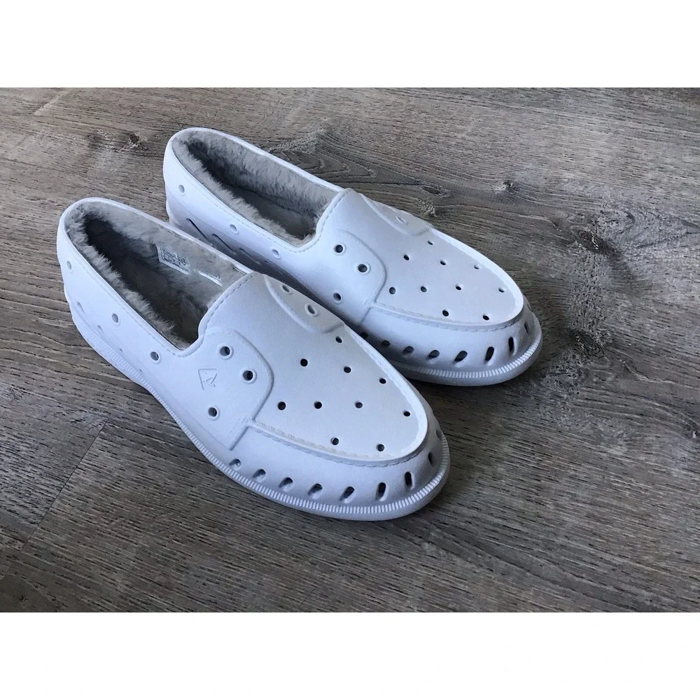 Sperry Boat Shoe Mens 12 White A/O Float Slip On Shearling Faux Fur STS24288